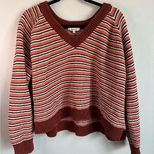 Madewell Rust and Multi-Stripe Cropped V-Neck Sweater